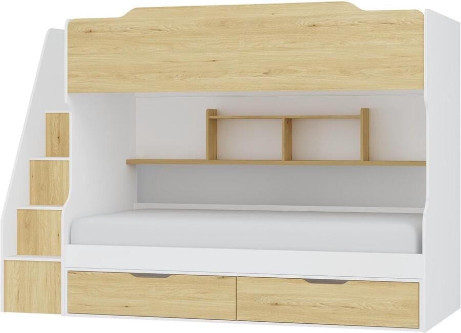 Vente-unique Stapelbed 90 x 190 cm Met opbergruimte wit en houtlook YALOVA L 235.1 cm x H 159 cm x D 99.5 cm