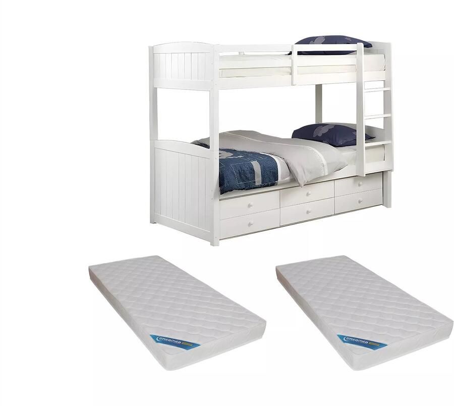 Vente-unique Stapelbed ANCHISE II Scheidbaar 2 x 90 x 190 cm met opbergruimte Witgelakt grenen Met matras L 198 cm x H 155 cm x D 97 cm