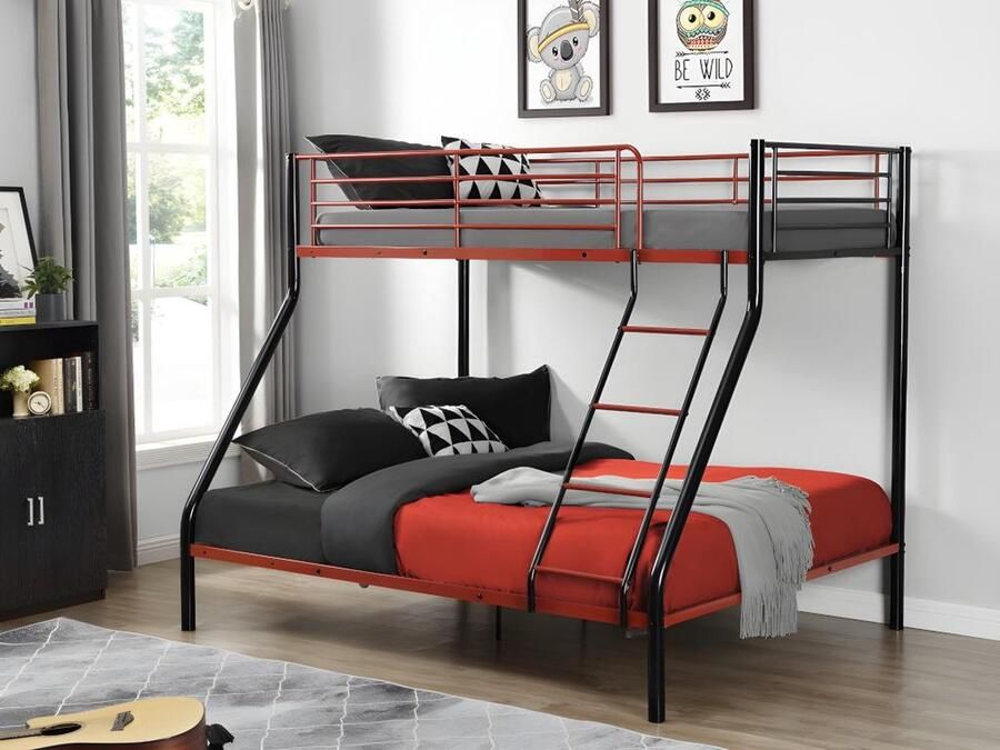 Vente-unique Stapelbed ELEVATIO IV 90 en 140 x 190 cm Staal Zwart en rood + matras L 199 cm x H 163 cm x D 147 cm