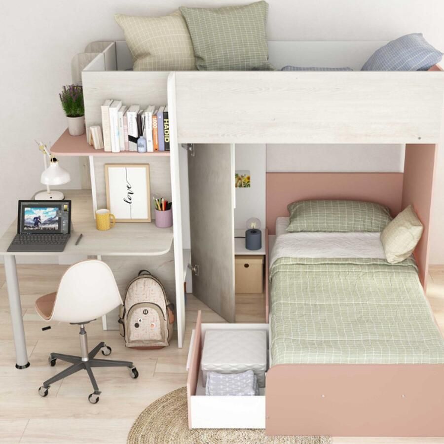 Vente-unique Hoekstapelbed 2 x 90 x 190 cm Met bureau Grijs wit en roze SAMUEL L 241 cm x H 160.1 cm x D 194 cm