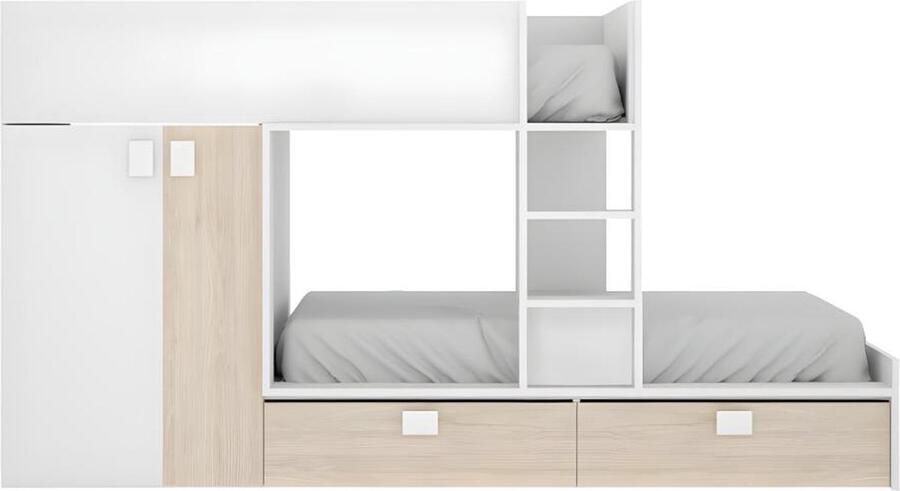 Vente-unique Stapelbed JUANITO Ingebouwde kast 2x90x190cm Wit en eiken L 275 cm x H 150 cm x D 108 cm - Foto 3