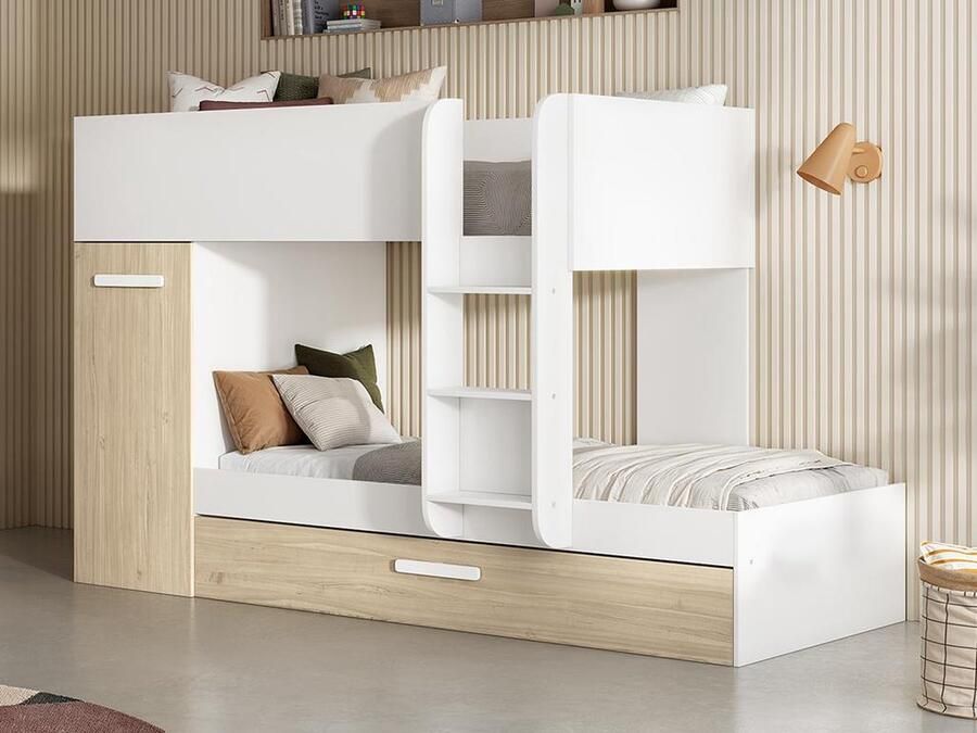 Vente-unique Stapelbed met onderschuifbed en opbergruimte 3x90x190cm Wit en naturel ANTHONY L 243 cm x H 150 cm x D 97 cm