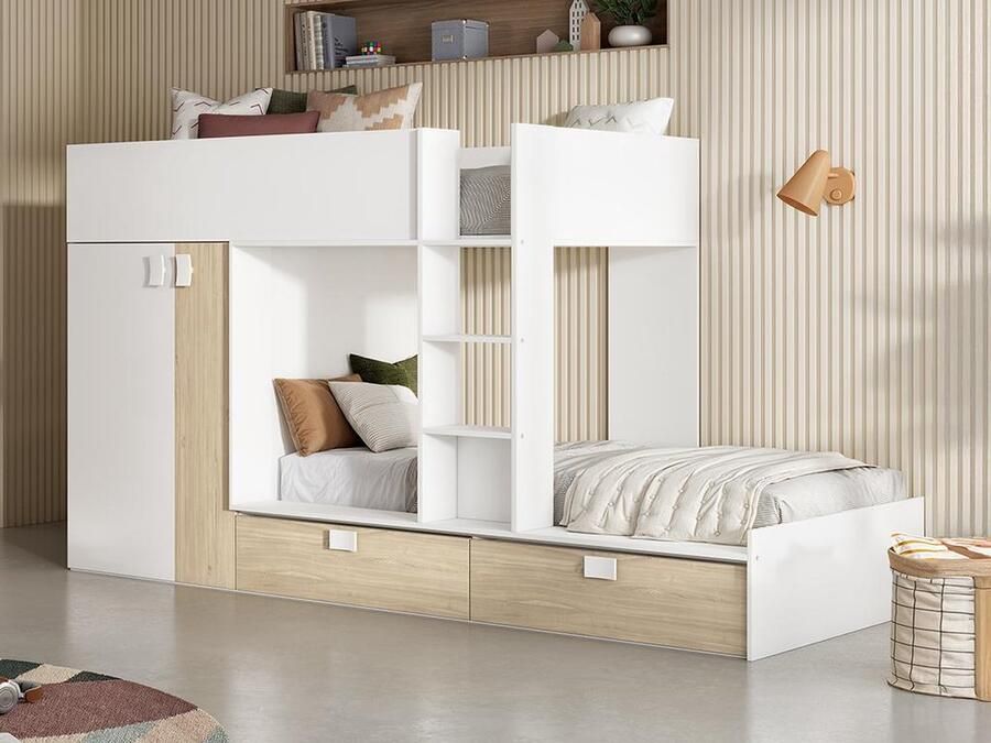 Vente-unique Stapelbed JUANITO Ingebouwde kast 2x90x190cm Wit en eiken L 275 cm x H 150 cm x D 108 cm