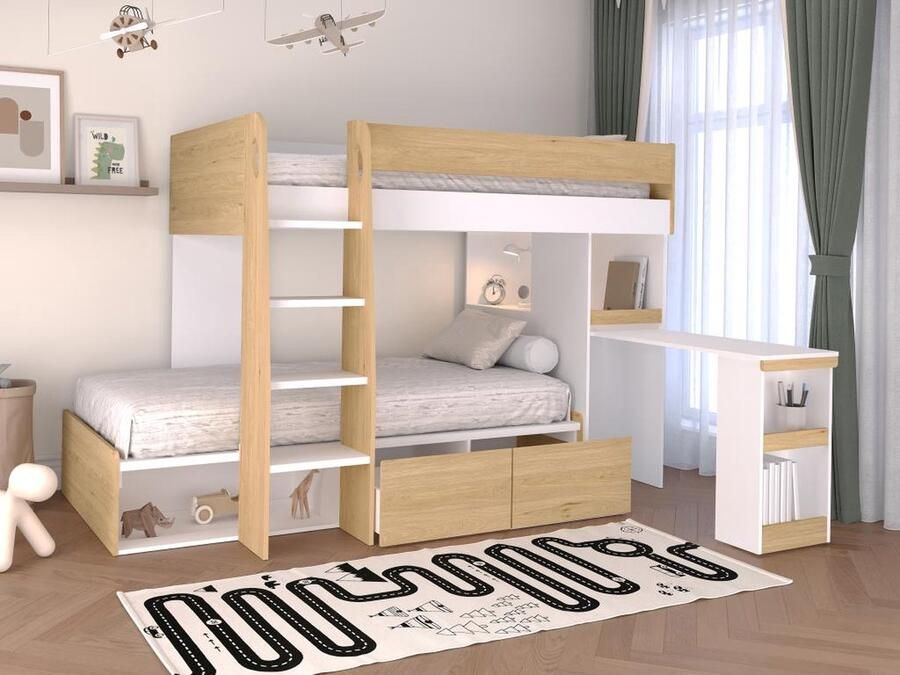 Vente-unique Stapelbed 2 x 90 x 190 cm met bureau en opbergruimte Kleuren: houtlook en wit LOMIDEN L 196.3 cm x H 150 cm x D 184.3 cm - Foto 2