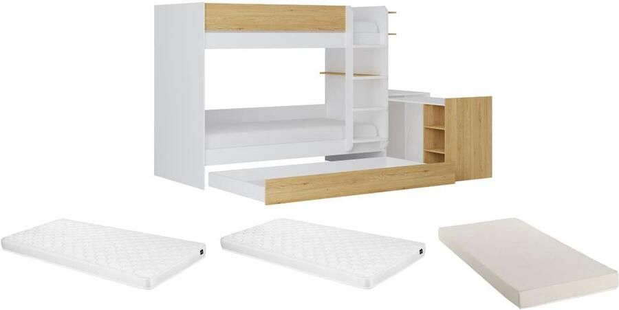 Vente-unique Stapelbed met uitschuifbare bedlade en 2 bureaus 3 x 90 x 190 cm wit en naturel + matras DOMATI L 196 cm x H 160.3 cm x D 100.4 cm