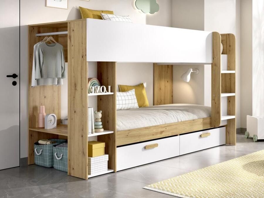 Vente-unique Stapelbed – 2 x 90 x 200 cm – Met opbergruimte en hangkast – Wit en houtlook – Met matrassen – OZANA L 245.5 cm x H 150 cm x D 110 cm - Foto 2