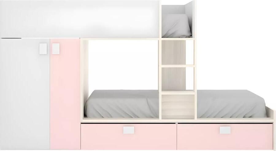 Vente-unique Stapelbed JUANITO met ingebouwde kast en opbergruimte 2x90x190cm Wit eiken en roze L 275 cm x H 150 cm x D 108 cm - Foto 2