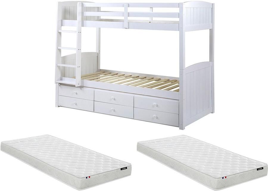 Vente-unique Stapelbed ANCHISE II Scheidbaar 2 x 90 x 190 cm met opbergruimte Witgelakt grenen Met matras L 198 cm x H 155 cm x D 97 cm - Foto 3