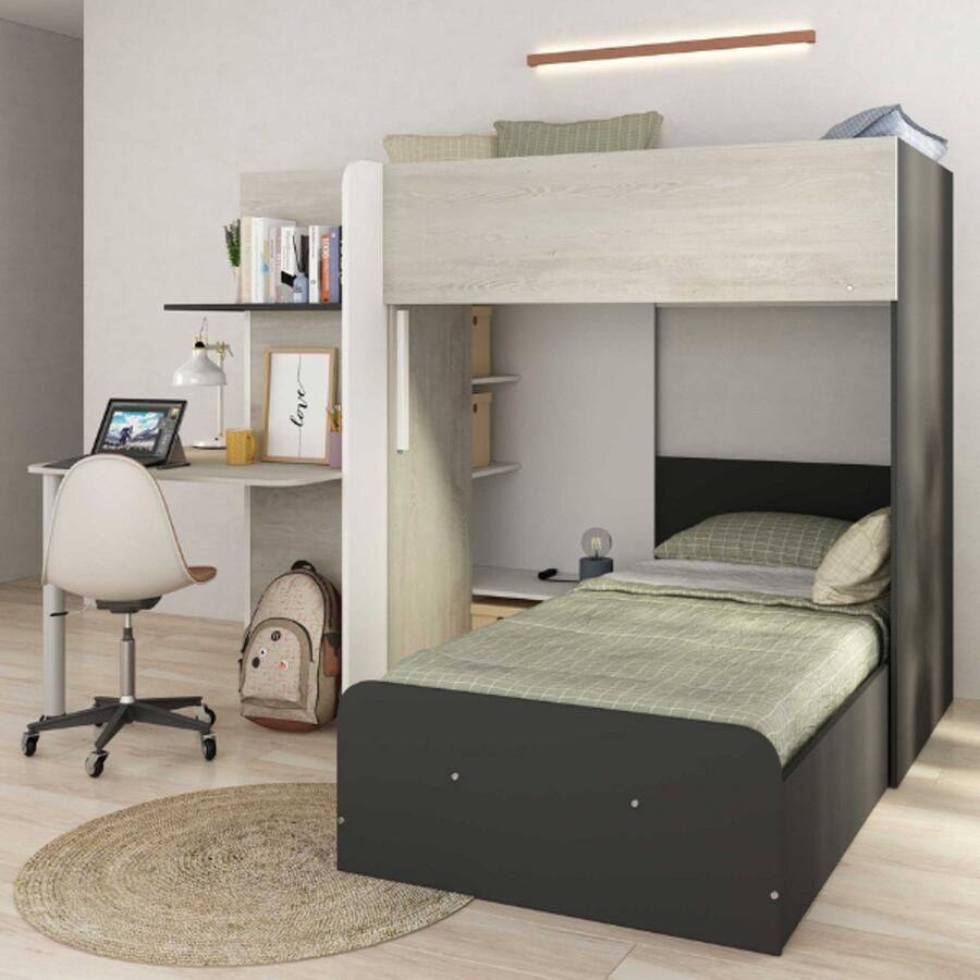 Vente-unique Hoekstapelbed 2 x 90 x 190 cm Met bureau Grijs wit en zwart SAMUEL L 241 cm x H 160.1 cm x D 194 cm