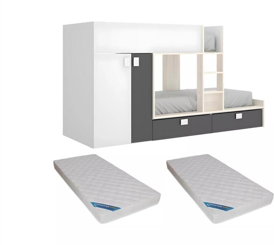 Vente-unique Stapelbed met ingebouwde kast 2 x 90 x 190 cm Wit eiken en antraciet + matras JUANITO L 275 cm x H 150 cm x D 108 cm - Foto 2