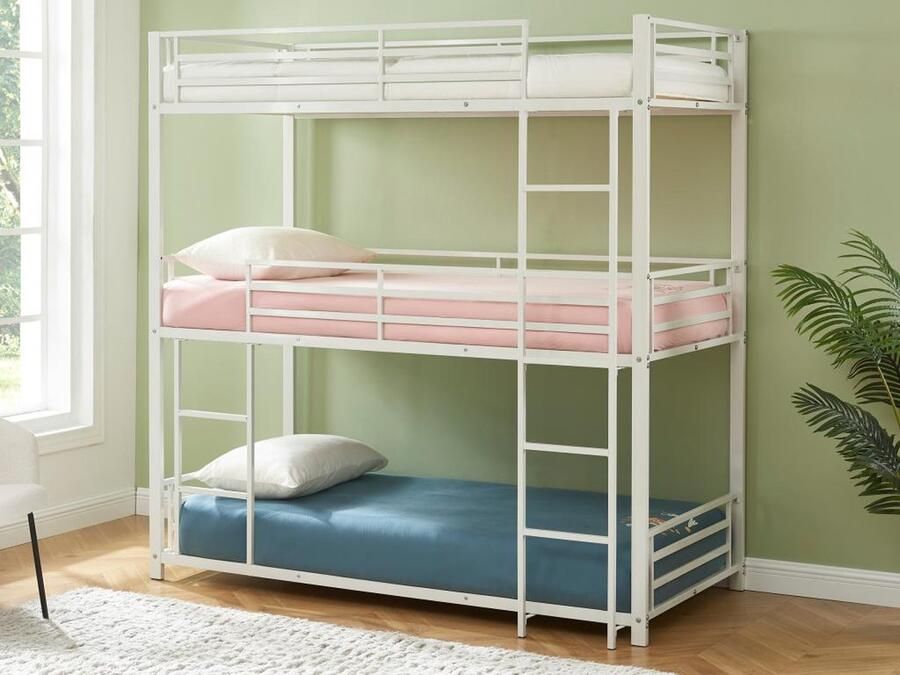 Vente-unique Driedubbel stapelbed 3 x 90 x 190 cm Metaal Wit + matras ELOUAN III L 200 cm x H 205 cm x D 103 cm
