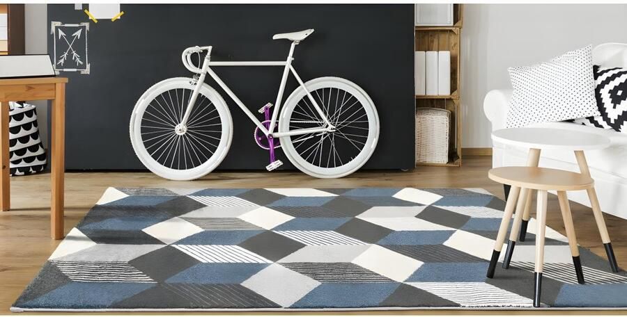 Vente-unique Tapijt geometrisch design CARRIO Polypropyleen 160 x 230 cm Grijs wit en blauw L 230 cm x H 1 cm x D 160 cm - Foto 2