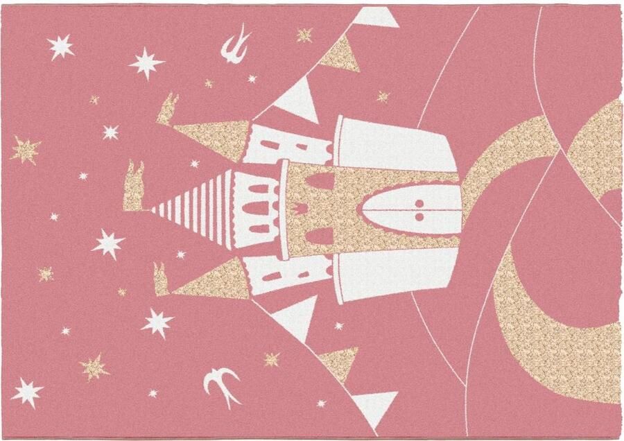 Vente-unique Tapijt kinderen sprookjeskasteel Glanzende lurex-afwerking 120 x 170 cm Roze en goud PRINCESIA L 170 cm x H 1.6 cm x D 120 cm