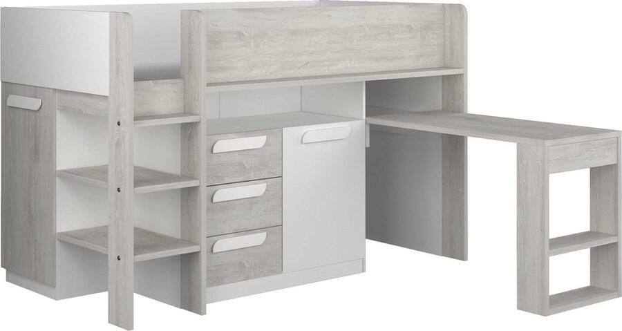 Trasman Vente-unique Combinatiebed 90 x 200 cm Met bureau en opbergruimte Wit en houtlook LOUKALA L 207 cm x H 131.5 cm x D 193.8 cm - Foto 2
