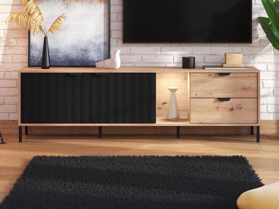 Vente-unique Tv-meubel 2 deuren 2 lades en 1 nis met ledverlichting Naturel en zwart MEVIELA L 182.6 cm x H 54.3 cm x D 40.1 cm - Foto 2