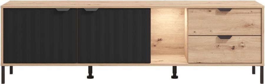 Vente-unique Tv-meubel 2 deuren 2 lades en 1 nis met ledverlichting Naturel en zwart MEVIELA L 182.6 cm x H 54.3 cm x D 40.1 cm