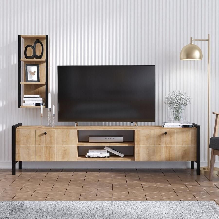 Vente-unique TV meubel 2 deuren en 2 nissen Naturelkeur en zwart PAMINA L 180 cm x H 45 cm x D 34 cm