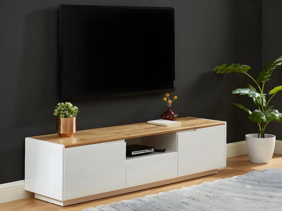 Vente-unique Tv-meubel AMANI 2 deuren en 1 lade Witgelakt mdf Kleuren: wit en eiken L 160 cm x H 40 cm x D 40 cm