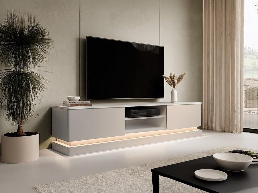 Pascal Morabito Tv-meubel in MDF met 2 lades 2 vakken en ledverlichting Beige en witte marmerlook DEVIKA van L 190 cm x H 44 cm x D 40 cm - Foto 2