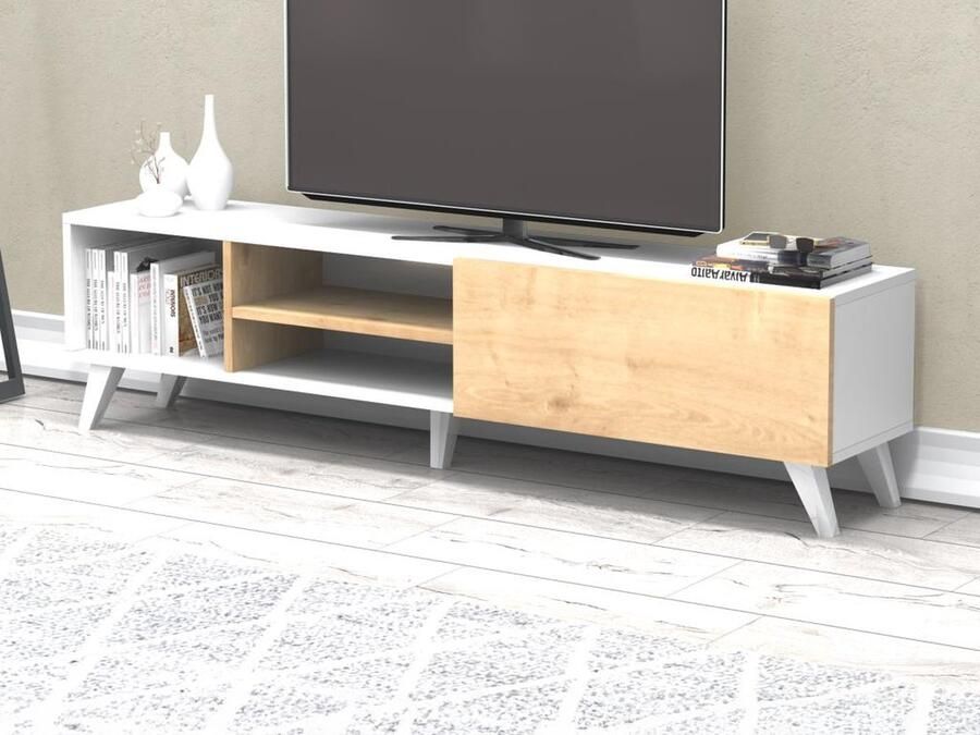 Vente-unique Tv-meubel met 1 deur en 3 nis Naturel en wit TAYRA L 160 cm x H 47 cm x D 35 cm - Foto 2
