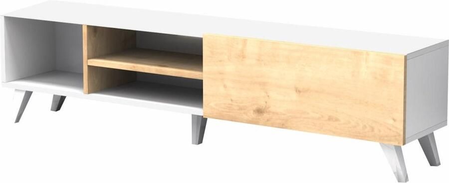 Vente-unique Tv-meubel met 1 deur en 3 nis Naturel en wit TAYRA L 160 cm x H 47 cm x D 35 cm
