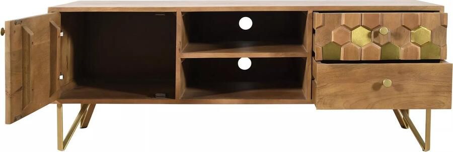 Vente-unique Tv-meubel met 1 deurtje 2 lades en 2 vakken in mangohout en metaal Donkere houtlook en goudkleurig BELORI L 130 cm x H 50 cm x D 40 cm - Foto 2
