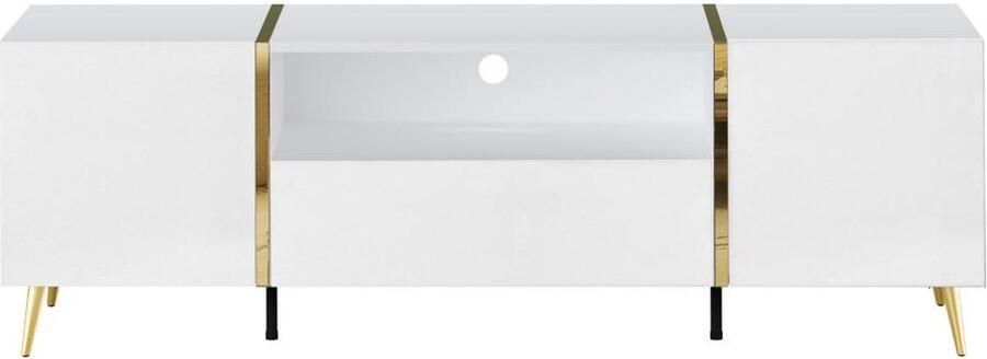 Vente-unique Tv-meubel met 2 deuren 1 lade en 1 nis Glanzend wit en goudkleurig MARZIALO L 158 cm x H 51.8 cm x D 41 cm