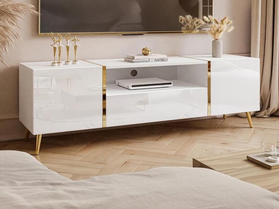 Vente-unique Tv-meubel met 2 deuren 1 lade en 1 nis Glanzend wit en goudkleurig MARZIALO L 158 cm x H 51.8 cm x D 41 cm - Foto 2
