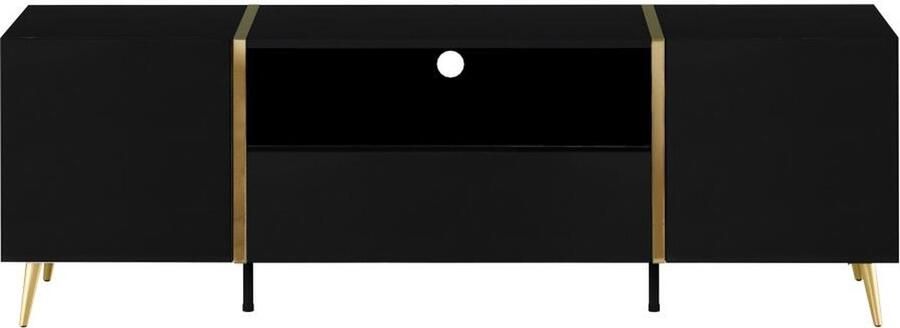 Vente-unique Tv-meubel met 2 deuren 1 lade en 1 nis Glanzend zwart en goudkleurig MARZIALO L 158 cm x H 51.8 cm x D 41 cm