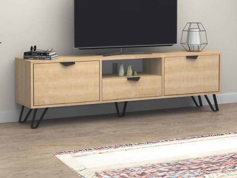 Vente-unique Tv-meubel met 2 deuren 1 lade en 1 nis Naturel en zwart CARDELIA L 170 cm x H 50 cm x D 35 cm