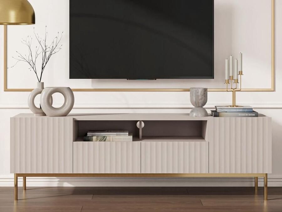 Vente-unique Tv-meubel met 2 deuren 2 laden en 2 nissen van mdf en staal Beige en goudkleurig EVILANA L 190 cm x H 60.6 cm x D 45 cm - Foto 2