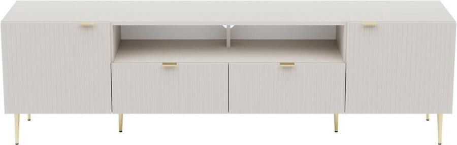 Vente-unique Tv-meubel met 2 deuren 2 laden en 2 nissen van mdf en staal Beige en goudkleurig YESINIA L 190 cm x H 55 cm x D 45 cm
