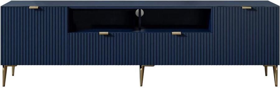 Vente-unique Tv-meubel met 2 deuren 2 laden en 2 nissen van mdf en staal Blauw en goudkleurig YESINIA L 190 cm x H 55 cm x D 45 cm - Foto 3