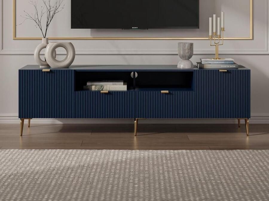 Vente-unique Tv-meubel met 2 deuren 2 laden en 2 nissen van mdf en staal Blauw en goudkleurig YESINIA L 190 cm x H 55 cm x D 45 cm - Foto 2