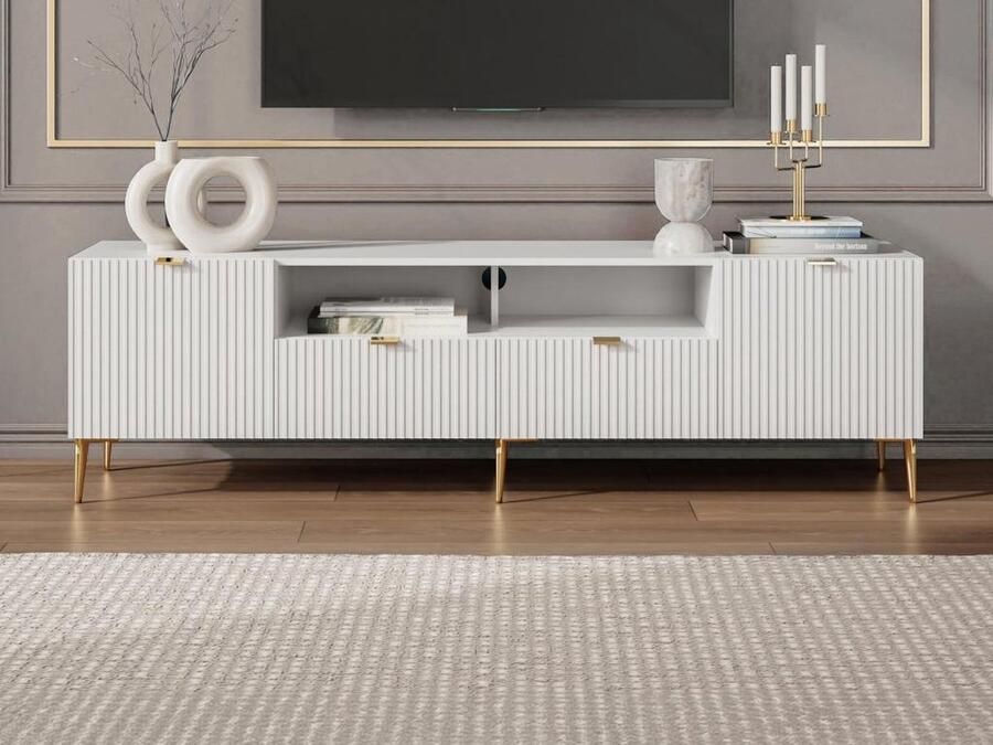 Vente-unique Tv-meubel met 2 deuren 2 laden en 2 nissen van mdf en staal Wit en goudkleurig YESINIA L 190 cm x H 55 cm x D 45 cm - Foto 3