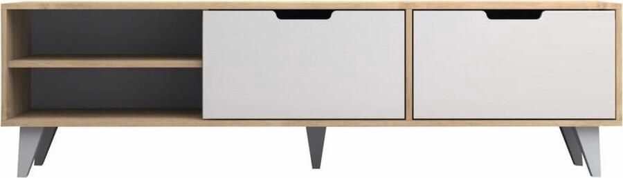 Vente-unique Tv-meubel met 2 deuren en 2 nissen Wit en naturel CORENIA L 180 cm x H 47 cm x D 35 cm