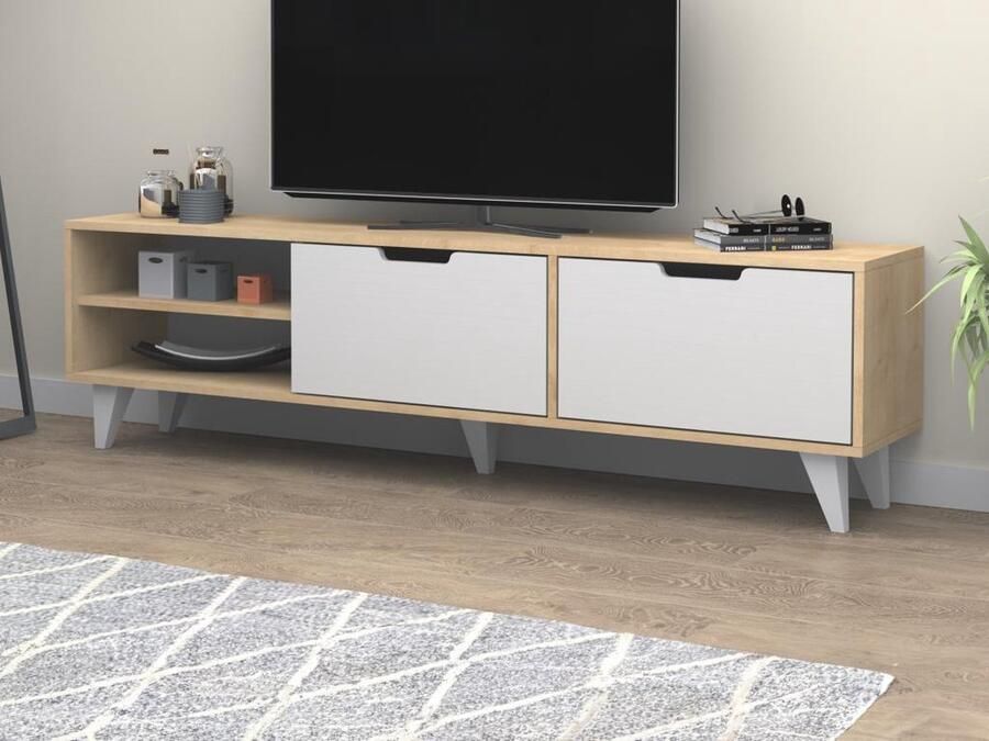 Vente-unique Tv-meubel met 2 deuren en 2 nissen Wit en naturel CORENIA L 180 cm x H 47 cm x D 35 cm - Foto 2