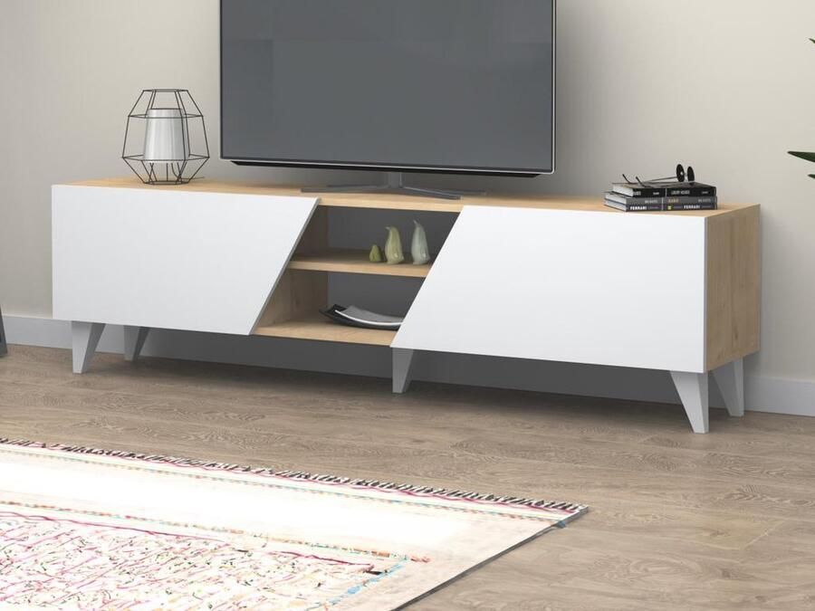 Vente-unique Tv-meubel met 2 deuren en 2 nissen Wit en naturel VELANIA L 180 cm x H 47 cm x D 35 cm