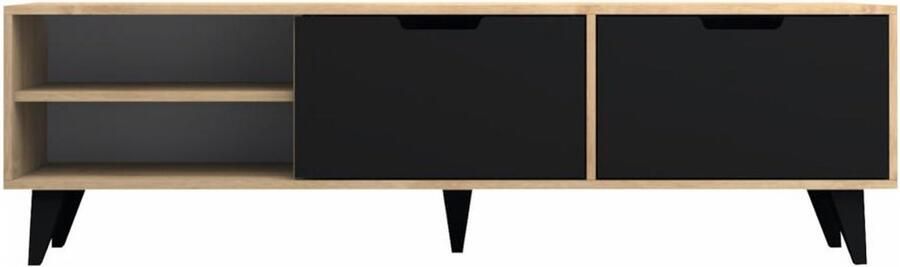 Vente-unique Tv-meubel met 2 deuren en 2 nissen Zwart en naturel CORENIA L 180 cm x H 47 cm x D 35 cm