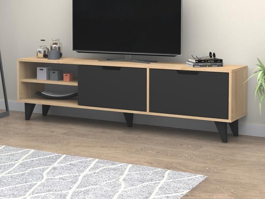 Vente-unique Tv-meubel met 2 deuren en 2 nissen Zwart en naturel CORENIA L 180 cm x H 47 cm x D 35 cm - Foto 2