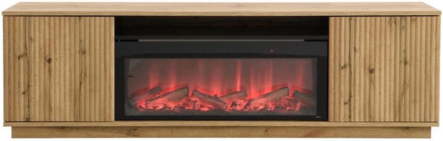 Vente-unique Tv-meubel met 2 deuren van mdf met schoorsteeneffect met ledverlichting Naturel en zwart YEVINA L 163 cm x H 48 cm x D 40 cm - Foto 2