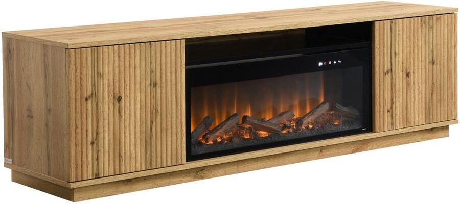 Vente-unique Tv-meubel met 2 deuren van mdf met schoorsteeneffect met ledverlichting Naturel en zwart YEVINA L 163 cm x H 48 cm x D 40 cm