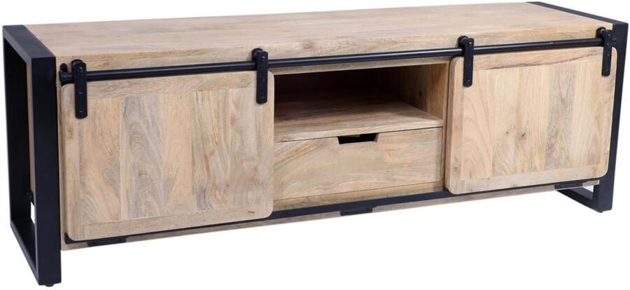Vente-unique Tv-meubel met 2 deurtjes 1 lade en 1 vak in mangohout en metaal Houtlook en zwart HARLEM II L 150 cm x H 50 cm x D 45 cm - Foto 2