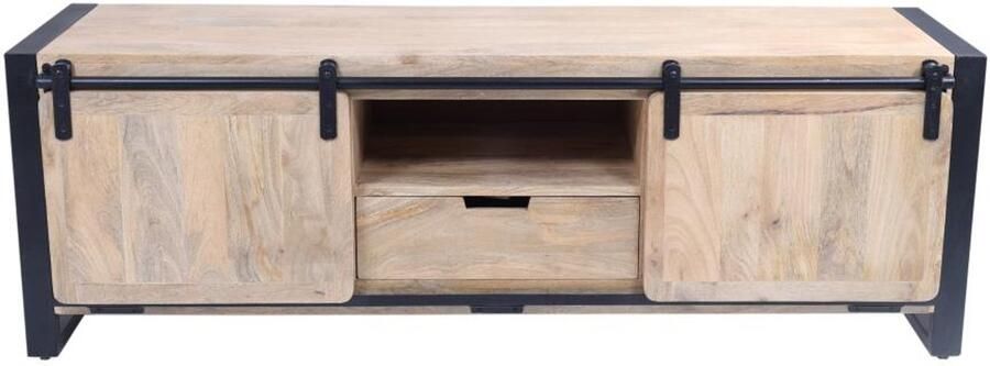 Vente-unique Tv-meubel met 2 deurtjes 1 lade en 1 vak in mangohout en metaal Houtlook en zwart HARLEM II L 150 cm x H 50 cm x D 45 cm