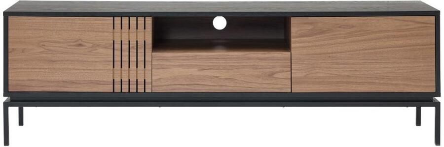 Vente-unique Tv-meubel met 2 deurtjes 1 lade en 1 vak in notelaarfineer en metaal Donkere houtlook en zwart ZINORI L 180 cm x H 55 cm x D 40 cm - Foto 2