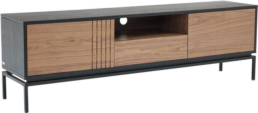 Vente-unique Tv-meubel met 2 deurtjes 1 lade en 1 vak in notelaarfineer en metaal Donkere houtlook en zwart ZINORI L 180 cm x H 55 cm x D 40 cm