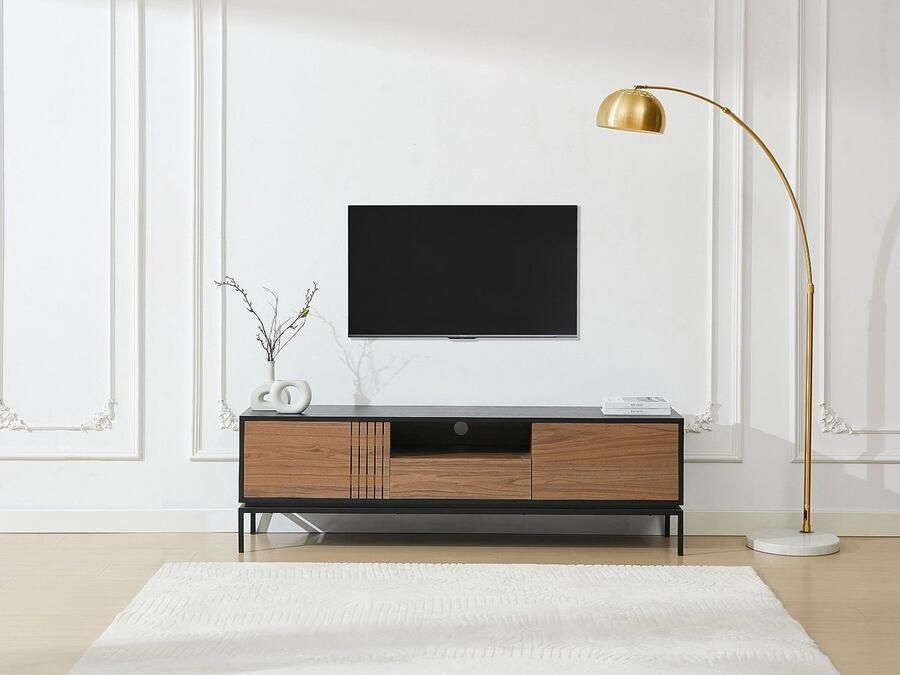 Vente-unique Tv-meubel met 2 deurtjes 1 lade en 1 vak in notelaarfineer en metaal Donkere houtlook en zwart ZINORI L 180 cm x H 55 cm x D 40 cm - Foto 2