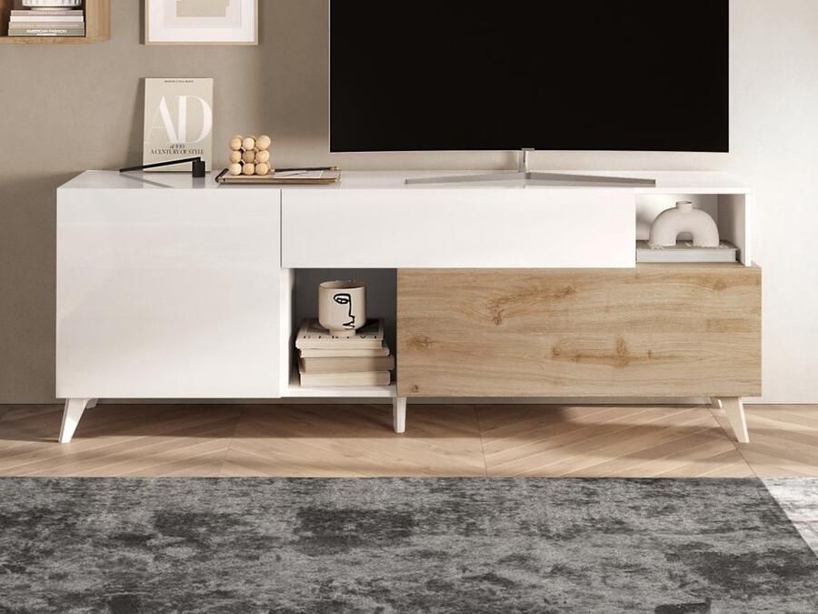 Vente-unique Tv-meubel met 2 deurtjes 1 lade en 2 nissen 181 cm Wit gelakt en houtkleur DONALA L 181 cm x H 67 cm x D 42 cm