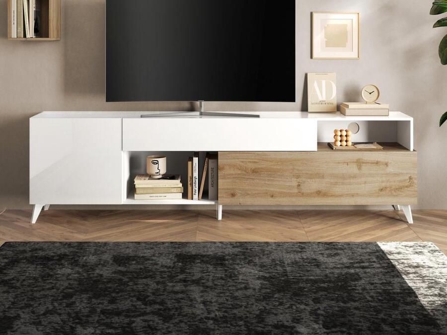 Vente-unique Tv-meubel met 2 deurtjes 1 lade en 2 nissen 241 cm Wit gelakt en houtkleur DONALA L 241 cm x H 67 cm x D 42 cm