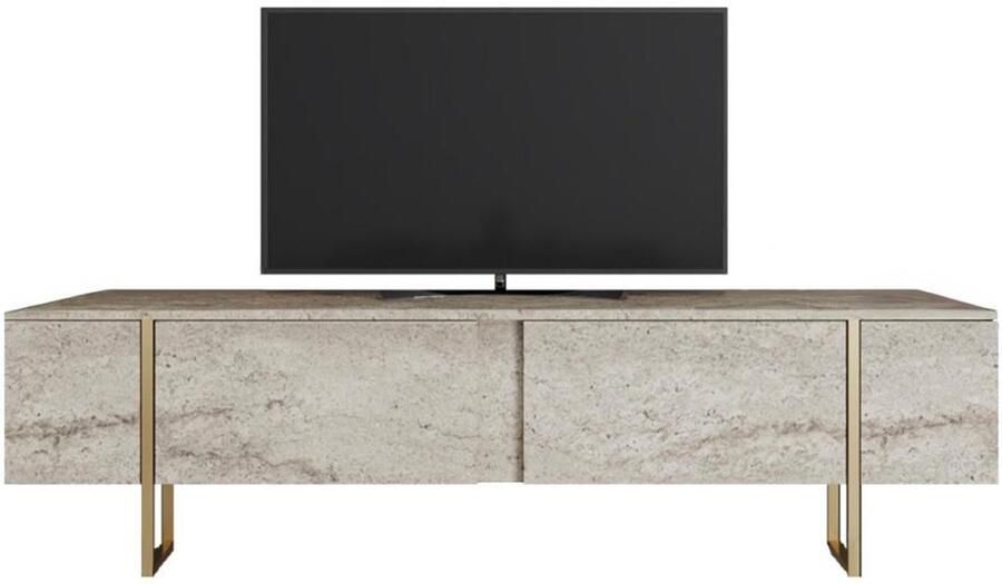 Vente-unique Tv-meubel met 2 deurtjes Beige travertijnlook en goudkleurig ZIRELDA L 180 cm x H 50 cm x D 30 cm